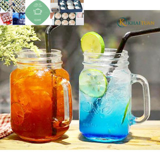 Cốc quai thủy tinh kèm nắp và ống hút 480ml