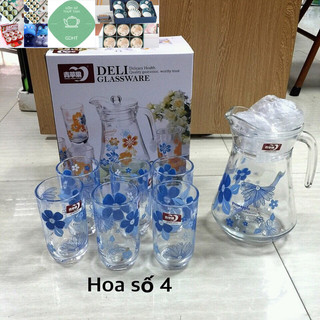 bộ bình 6 cốc thủy tinh kèm vỏ hộp đẹp