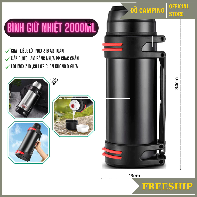 Bình Giữ Nhiệt 2000ml, Cốc giữ nhiệt 1200ml Cao Cấp, Phong Cách Hiện Đại, Giữ Nhiệt Lâu