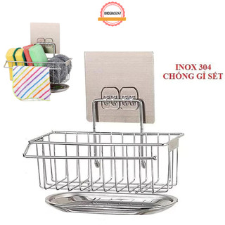 Kệ Đựng Miếng Rửa Chén Inox Có Khay Hứng Nước , Kệ Để Đồ Rửa Chén, Kệ giỏ inox đựng dụng cụ rửa chén bát dán tường