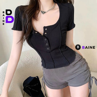 Áo Croptop TAY NGẮN CỔ VUÔNG NÚT BẤM Phối Cuốn Biên Ôm Body Nữ BM00_BM22, Áo Thun Crt Kiểu Sexy Chất Gân Mềm Mát BAINE