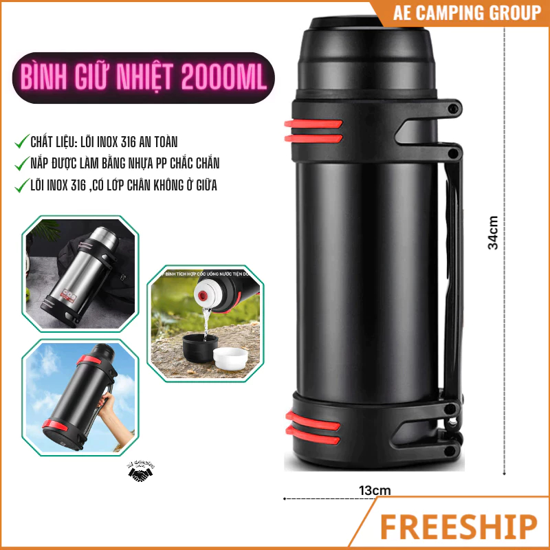Bình Giữ Nhiệt 2000ml, Cốc giữ nhiệt 1200ml Cao Cấp, Phong Cách Hiện Đại, Giữ Nhiệt Lâu,Tiện Lợi