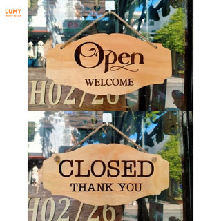 Bảng gỗ khắc laser 2 mặt nội dung "OPEN welcome, CLOSED thank you" + kèm dây treo