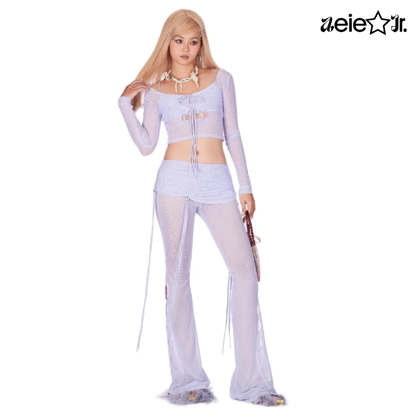 váy và quần aeie jr. SHEER PANTS SET — xuyên thấu, váy nhún rút dây bất đối xứng và quần lưới ống lo