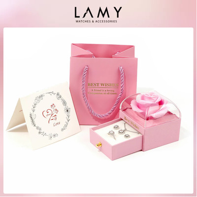 Set quà tặng hộp đựng trang sức LAMY Square Box With Pink Rose Pattern - Màu trắng 7002