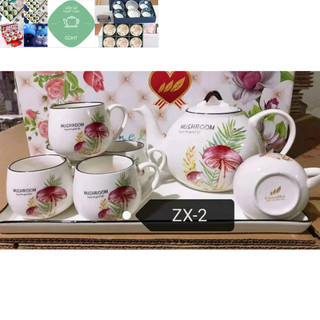 bộ bình cốc kèm khay sứ cao cấp họa tiết lá