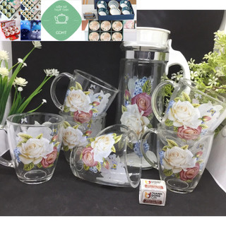bộ bình 6 ly cốc thủy tinh hoa văn đẹp