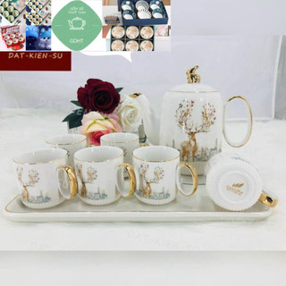 Bộ ấm chén kèm khay sứ pha trà họa tiết  nắp thỏ