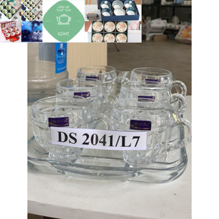 Bộ 6 cốc quai thủy tinh trắng kèm khay
