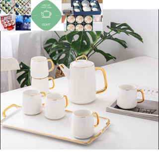 Bộ bình cốc uống trà sứ viền vàng kèm khay kiểu Bắc Âu