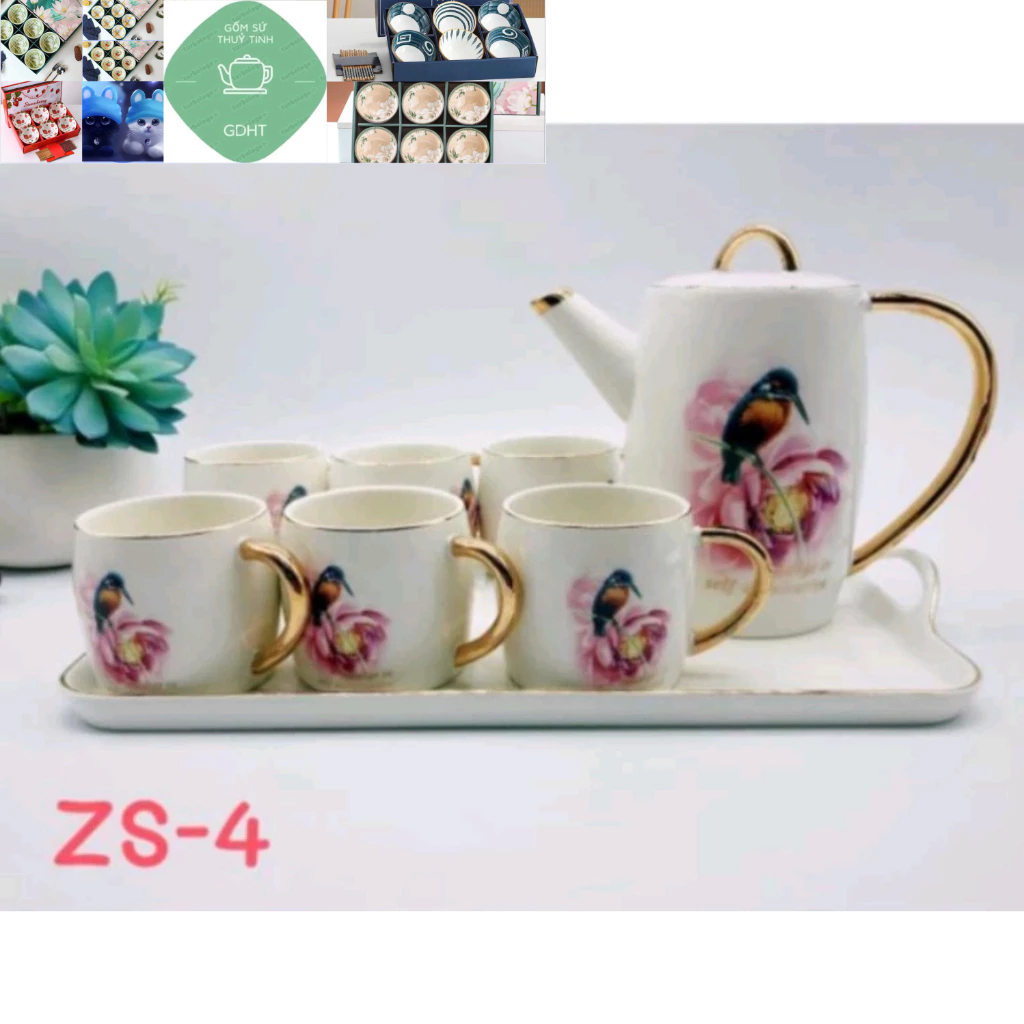 Bộ bình cốc ấm trà họa tiết chim độc đáo, bộ trà chiều sang trọng GDHT