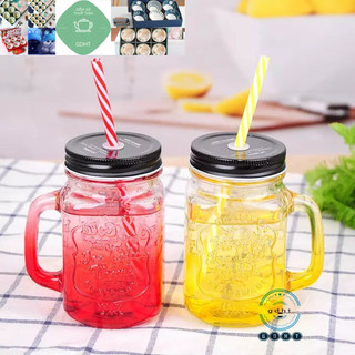 combo 2 chiếc - LY CỐC THỦY TINH CÓ QUAI MÀU CHỮ NỔI KÈM ỐNG HÚT 450ML NẮP CÓ LỖ
