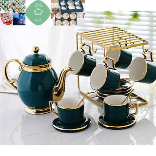Bộ bình cốc uống trà cà phê màu xanh cổ vịt viền vàng kèm Giá treo cốc, 6 thìa vàng, 6 đĩa lót tách