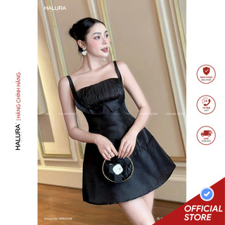 ĐẦM ĐEN TAFFETA ÁNH KIM SANG TRỌNG CÁCH ĐIỆU CỔ ÁO HALURA (HDR22048)