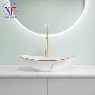 Lavabo thỏi trắng viền vàng có vân