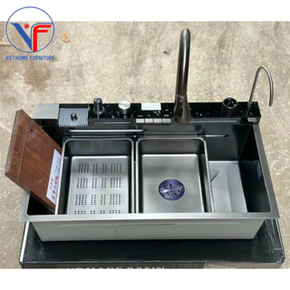 Chậu rửa bát 5 phím 80x46cm vòi hiển thị nhiệt độ bồn rửa chén vòi xả thác có đèn led