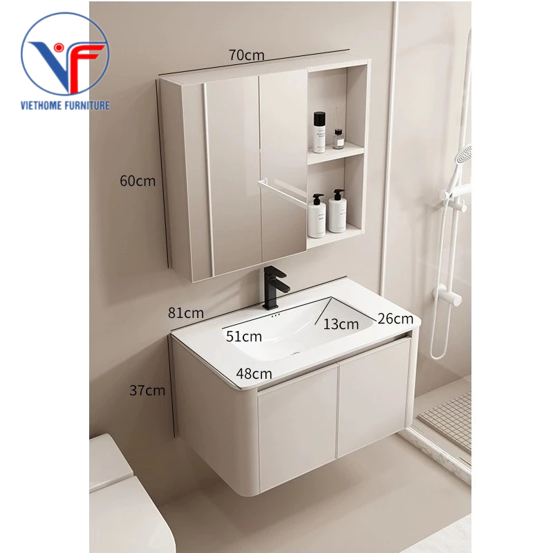 Bộ tủ lavabo nhựa + tủ gương màu kem size 80cm