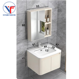 Bộ tủ lavabo nhôm + tủ gương màu kem size 60cm