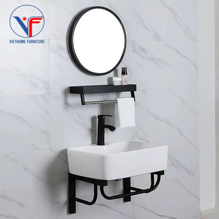 Bộ combo 4 món chân kệ lavabo + chậu lavabo + kệ gương + gương