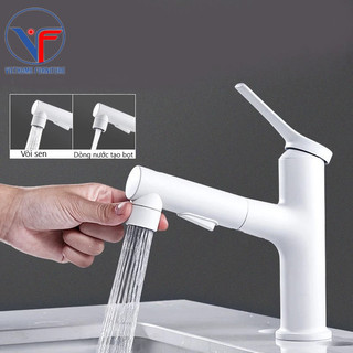 Vòi lavabo rửa mặt nóng lạnh màu trắng, vòi lavabo dây rút