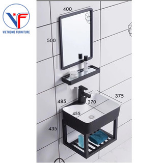 Bộ 4 món tủ + chậu lavabo viền đen + kệ gương + gương