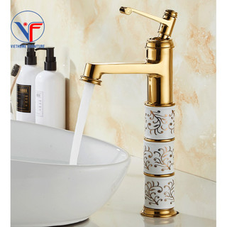 VÒI LAVABO RỬA MẶT NÓNG LẠNH HỌA TIẾT HOA VÀNG CAO 30CM