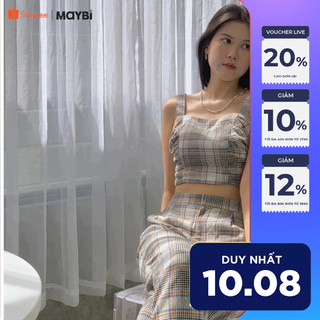 Áo croptop Maybi ôm lụa cát in caro nhún kiểu bên eo