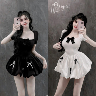 Đầm Nữ Tay Ngắn Dáng Bí Đính Nơ  Hai Lớp Chất Gân Tăm Phối Kate
