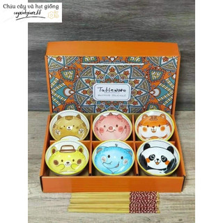 Set bát kèm đũa gỗ hình động vật bohemia - bộ 6 bát hình động vật kèm đũa gỗ