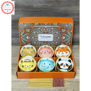 Set bát kèm đũa gỗ hình động vật bohemia - bộ 6 bát hình động vật kèm đũa