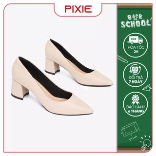 Giày Cao Gót Đế Vuông 5cm Mũi Nhọn Basic Màu Kem Pixie P055