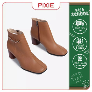 Boot nữ da thật 5cm mũi vuông gắn khóa pixie h015