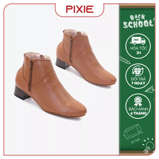 Giày Boot Nữ Thấp 3cm Cổ Ngắn 2 Dây Kéo Da Thật Pixie P697