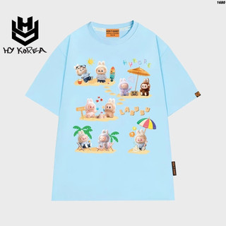Áo thun La Bù Bú HY KOREA Nhiều La Bù Bú chơi xúc cát 1680 tay lỡ cotton 75 form rộng phong cách nam nữ