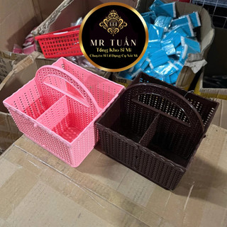 Giỏ nhựa vuông 3 Ngăn (Hồng-Nâu) , giỏ đựng phụ kiện tiện lợi,đồ nối mi, nail,.. Mr Tuấn