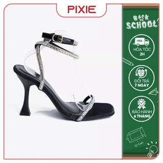 Giày sandal cao gót 9cm quai đính đá mũi vuông pixie e175