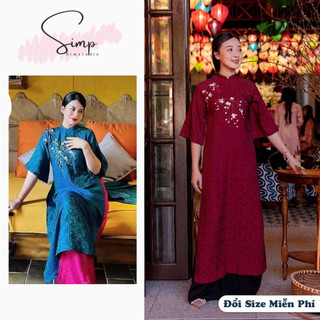 Áo dài cách tân dáng suông trẻ trung tay lỡ thêu hoa