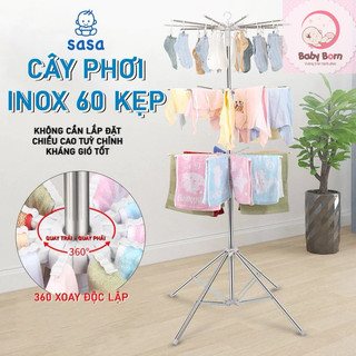 [MẪU MỚI CAO CẤP SASA] - Cây sào phơi đồ inox thông minh gấp gọn đa năng 3 tầng 60 kẹp, treo đồ cho trẻ em, bé sơ sinh