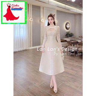 VÁY REN PHỐI TÙNG GẤM KHOÉT NGỰC TAY DÀI CỔ XOẮN KHOÉT NGỰC