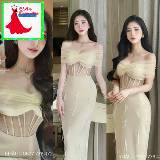 VÁY TAPTA ĐÍNH HẠT LÔNG VŨ RỚI PHỐI LƯỚI TRỄ VAI 280724