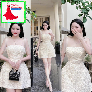VÁY REN HOẠ TIẾT HOA HỒNG NỔI 2 DÂY CỘT VAI