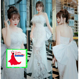 VÁY REN ÔM ĐUÔI CÁ DÀI PHỐI LÔNG MỊN PHÍA TRƯỚC KÈM NƠ BẢN TO PHÍA SAU 230724