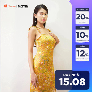 Đầm 2 dây Maybi ôm lụa in hoa nền vàng xẻ tà