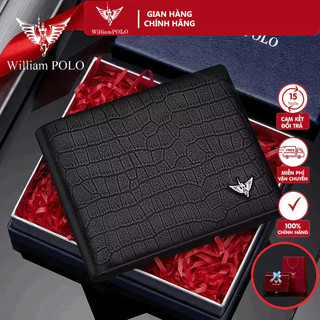 Ví nam da bò thật 100% cao cấp hàng hiệu williampolo, bóp nam cao cấp wv395 hộp gỗ làm quà tặng