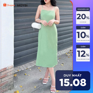 Đầm Maybi midi suông lụa 2 dây khoét lưng