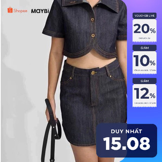 Chân váy MAYBI midi ôm jean xanh đậm phối lai cong