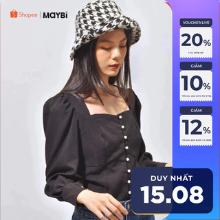 Áo Maybi linen đen gài nút ôm tay phồng dài có măng-sét