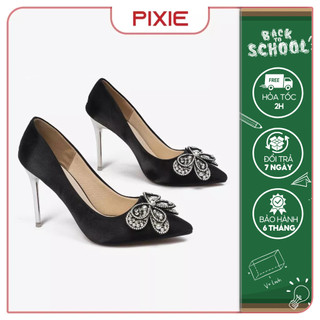 Giày cao gót 7cm phối nơ đính đá pixie e249