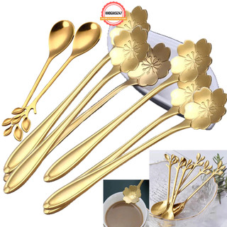 Muỗng Cafe Thép Không Gỉ Mạ Vàng Hinh Hoa Cán Dài, Chất Liệu Cao Cấp An Toàn Sử Dụng, Họa Tiết Tinh Tế Sang Trọng