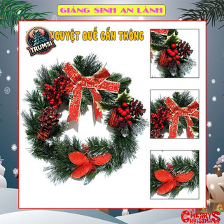 Vòng nguyệt quế giáng sinh mẫu 4 loại lá gắn trái thông, vòng nguyệt quế noel treo cửa